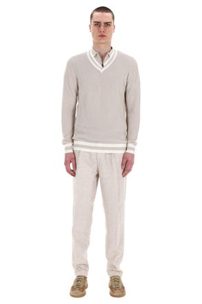 Eleventy V-Neck Cotton Sweater with Contrast Trim