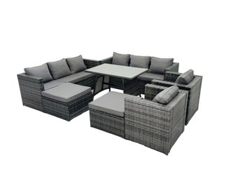 Fimous Rattan Dining Table Sofa Set with 2 Big Footstools Outdoor 10 Seat in Dark Grey