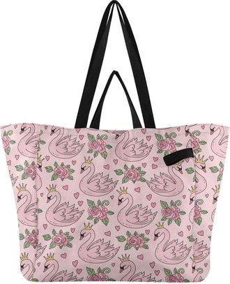 Generic Swans Pink print Reusable Canvas Tote Bag, Heavy Duty Grocery Shopping Bag with Hard Bottom Large Capacity Double Handles Work Groceries Travel