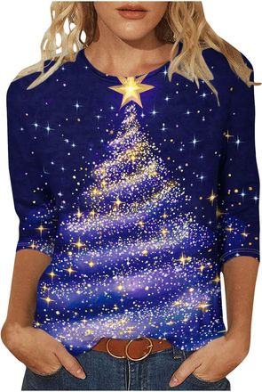Generic HAOLEI Christmas Tops Ladies - Women Christmas Tree Print Xmas T-Shirts Plus Size Novelty Funny 3/4 Sleeve Elf Santa Print Reindeer Graphic Blouse Ugl