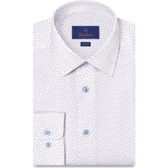 David Donahue Trim Fit Neat Print Cotton Dress Shirt in White/Berry at Nordstrom, Size 17.5 - 36