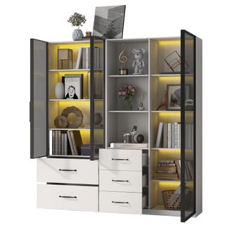 STILVORA Vitrina Modular Con 5 Cajones, Compartimentos Abiertos Y Led Multicolor, Vidrio De Seguridad, Blanco, Aglomerado, 140&times;40&times;160 Cm