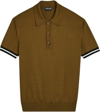 Tom Ford Striped-trim Cotton and Silk-blend Polo Shirt - Olive - 52 (IT52 / XL)