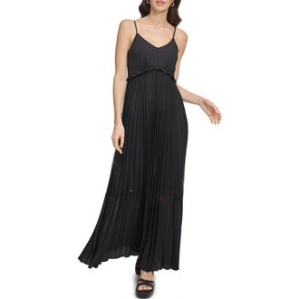 DKNY Sleeveless Pleated Maxi Dress in Black at Nordstrom, Size X-Small