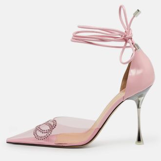 Mach & Mach Pink Leather And Pvc Crystal Embellished Bow Ankle Wrap Sandals