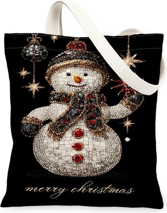 Generic Christmas Snow Man Canvas Tote Bags, Holiday Pattern Reusable Grocery Bags, Winter Lightweight Washable Shoulder Strap for, Black, 13x15 Inch