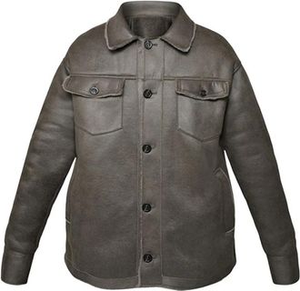 Oakwood Heren Leren Jas met Lamsvacht in Donker Khaki - Heren - Leren en Su&egrave;de Jassen - Bruin - L - Leer - Jassen