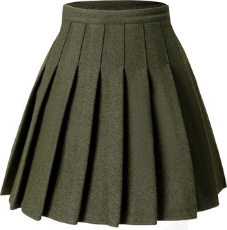 Hoerev Women Girls Versatile Plaid Pleated Skirt with Shorts for Cold Weather,UK Size 14 ArmyGreen