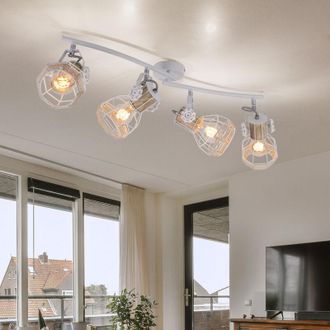 Globo Lighting Plafoniera faretto da soffitto 4 fiamme metallo legno E27 spot bar 4 fiamme bianco, faretto orientabile, 4x E27, LxLxH 72x32x20 cm