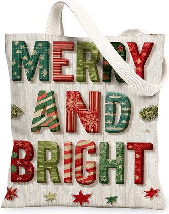 Generic Merry and Bright Canvas Tote Bags, Holiday Stars Pattern Reusable Grocery Bags, Vintage Winter Lightweight Washable Shoulde, White, 13x15 Inch