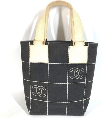 Chanel Black White Cotton Handbag Shoulder Bag Tote Bag (Pre-Owned)
