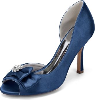 Generic Wedding Heels Womens Rhinestones Bridal Shoes Peep Toe Stiletto Pumps Satin Evening Party Prom Dress Pumps 9.5Cm,Dark Blue,10 UK