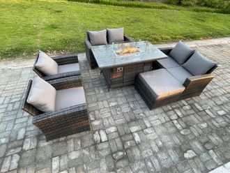 Fimous Wicker PE Rattan Garden Furniture Sets 7 Seater Patio Outdoor Gas Firepit Dining Table Heater Set with Double Seat Sofa in Dark Grey
