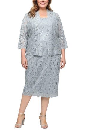 S.L. Fashions SLNY Floral Lace Sequin Cardigan & Dress Set in Sage at Nordstrom, Size 14W
