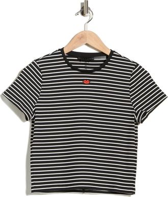 Alice & Olivia Cindy Embroidered Crop T-Shirt in Black/Off White Stripe at Nordstrom Rack, Size X-Small