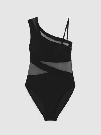 Reiss Black One Shoulder Mesh Panel Swimsuit, 12