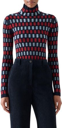 Akris Intarsia Check Wool Turtlneck Sweater in Navy-Rusty Red-Light at Nordstrom, Size 10