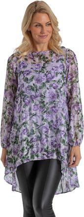 Klass Floral and Stripe Shimmer Dip Hem Georgette Tunic Top - Lavender/Multi - 14