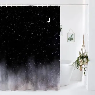 No Brand Cortina De Ducha medianoche En La Niebla De 182 X 182 Cm (72 X 72 Pulgadas) - Tema De Cielo Estrellado Y Noche De Luna - Poli&eacute;ster Impermeable - Con G