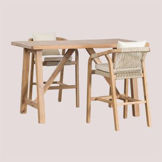 Sklum Sklum - Set Tavolo Alto Rettangolare (160x90 cm) e 2 Sgabelli da Giardino Alti in Legno di Acacia Dubai