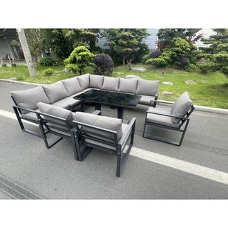 Fimous Fimous Aluminum Outdoor Garden Furniture Corner Sofa 3 Arm Chair Adjustable Rising Lifting Dining Table Set Dark Grey 10 Seater