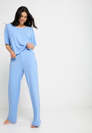 Lascana Pyjama LSCN BY LASCANA, Damen, Gr. 32/34, blau (rauchblau), Rippware, Obermaterial: 63% Polyester, 33% Viskose, 4% Elasthan, unifarben, loose fit h&uuml;ft