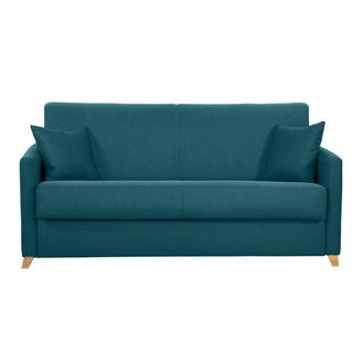 Miliboo Sof&aacute; Cama 3 Plazas N&oacute;rdico Azul Petr&oacute;leo Y Madera Clara Con Colch&oacute;n De 18 Cm Skandy