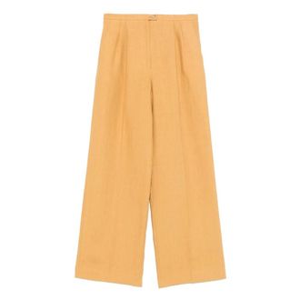 Forte_Forte Broeken, Dames, Geel, M, Linnen, Chic Linnen Canvas Broek met Plooi