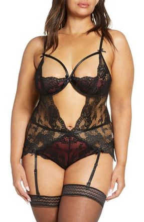 Oh l&agrave; l&agrave; Ch&eacute;ri Cutout Lace Underwire Teddy with Suspender Straps in Black/Zinfandel at Nordstrom, Size 3X
