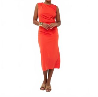 Esqualo Denia Long Gathering Dress In Red Orange