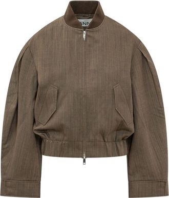 Ganni Brown Textured Mock Collar Jacket