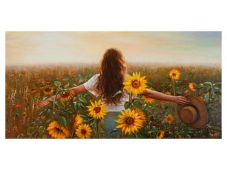 Schubiger M&ouml;bel Bild Frau im Sonnenblumenfeld