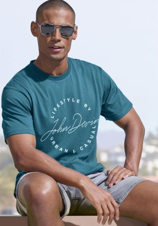 John Devin T-Shirt JOHN DEVIN, Herren, Gr. M (48/50), blau (petrol), Jersey, Obermaterial: 100% Baumwolle, bedruckt, normal normal, Rundhals, abgesteppte Kante, 