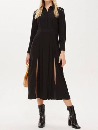 Topshop Pleated Button Down Casual Long Sleeve Midi Dress In Black