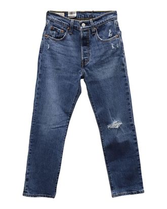 Levi's 501 Original Distressed Cropped Dark Wash Jeans in Blue Cotton