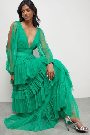 Warehouse Womens Tulle Long Sleeve Cinched Waist Maxi Dress - Green - Size 8 UK