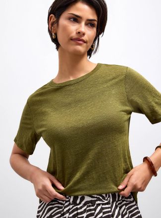 Contemporaine Womens Solid pure linen crew-neck T-shirt