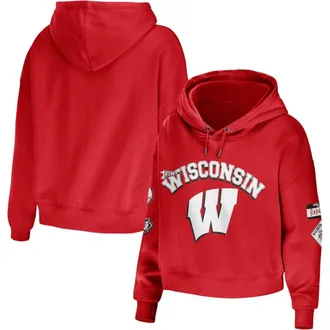 WEAR by Erin Andrews Womens WEAR by Erin Andrews Red Wisconsin Badgers Mixed Media Cropped Pullover Hoodie at Nordstrom, Size Xx-Large