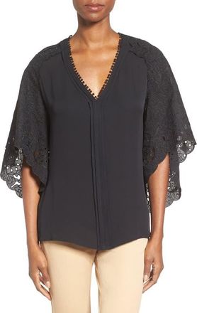 Kobi Halperin Kobi Halperin Marielle Eyelet Embroidered Silk Butterfly Sleeve Blouse in Black at Nordstrom, Size X-Small