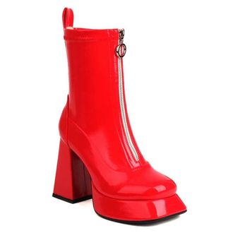 Generic Womens Fashion Front Zipper Ankle Boots Platform Square Toe Chunky High Heel Winter Versatile Shoes (7.5,Red)