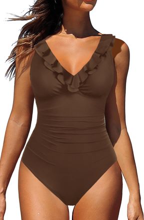 Holipick Women One Piece Swimsuits Tummy Control Bathing Suit Ruffle V Neck Swimwear Slimming Monokini, Brown, Large