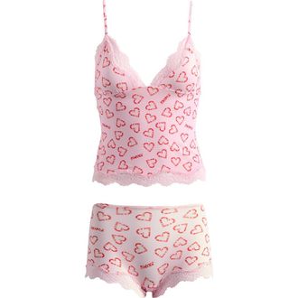 SKIMS Fits Everybody Lace Trim Crop Camisole & Shorts Pajamas in Candy Heart Print at Nordstrom, Size Small
