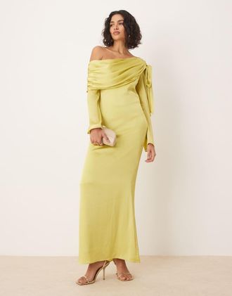 Pretty Lavish asymmetric bow chiffon maxi dress in chartreuse-Green