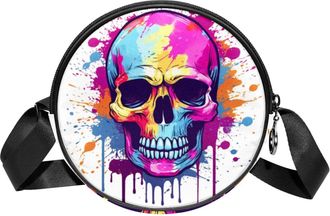 Generic Circle Crossbody Bag for Women, Skulls Small Sling Bag Daypack with Zipper Adjustable Shoulder Straps Casual Ladies Girls Round Purse