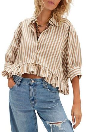 Free People Bailey Stripe Ruffle Hem Cotton Button-Up Shirt in Neutral Combo at Nordstrom Rack, Size X-Large