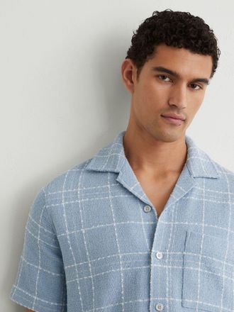Reiss Soft Blue & white Textured Check Cuban-collar Shirt With Cotton, 2XL