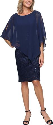 S.L. Fashions Chiffon Capelet Floral Lace Cocktail Dress in New Navy at Nordstrom, Size 16P