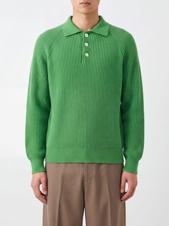 Umit Benan Green Long-Sleeved Pure Cashmere Knit Polo