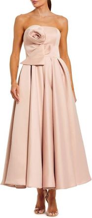 Mac Duggal Strapless Satin A Line Midi Dress With 3D Flower in Rose Pink at Nordstrom, Size 12