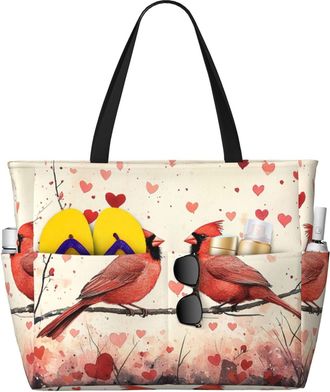 Generic Cardinal Birds Print Large Beach Bag Foldable Travel Shoulder Tote Bag With Pocket For Weekender Pool Vacation